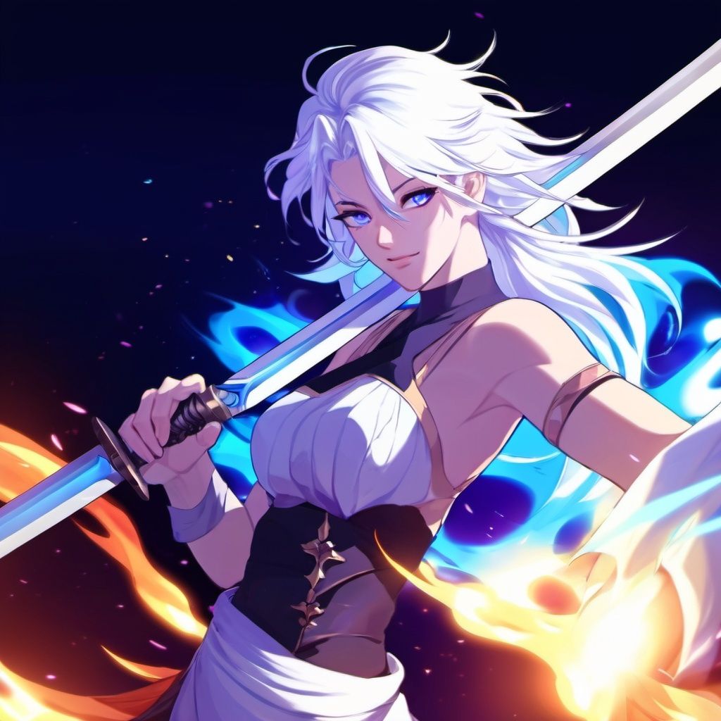 colorful,1girl,white hair,purple eyes,dual wielding,sword,holding sword,blue flames,glow,glowing weapon,light particles,wallpaper,chromatic aberration,<lora:sdxl_8g_manhualora-000038:0.7>,close-up