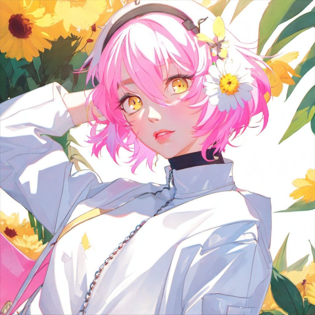 1girl,pink hair,yellow eyes,white jacket,arm behind head,choker,flower<lora:sdxl_8g_manhualora-000038:0.7>