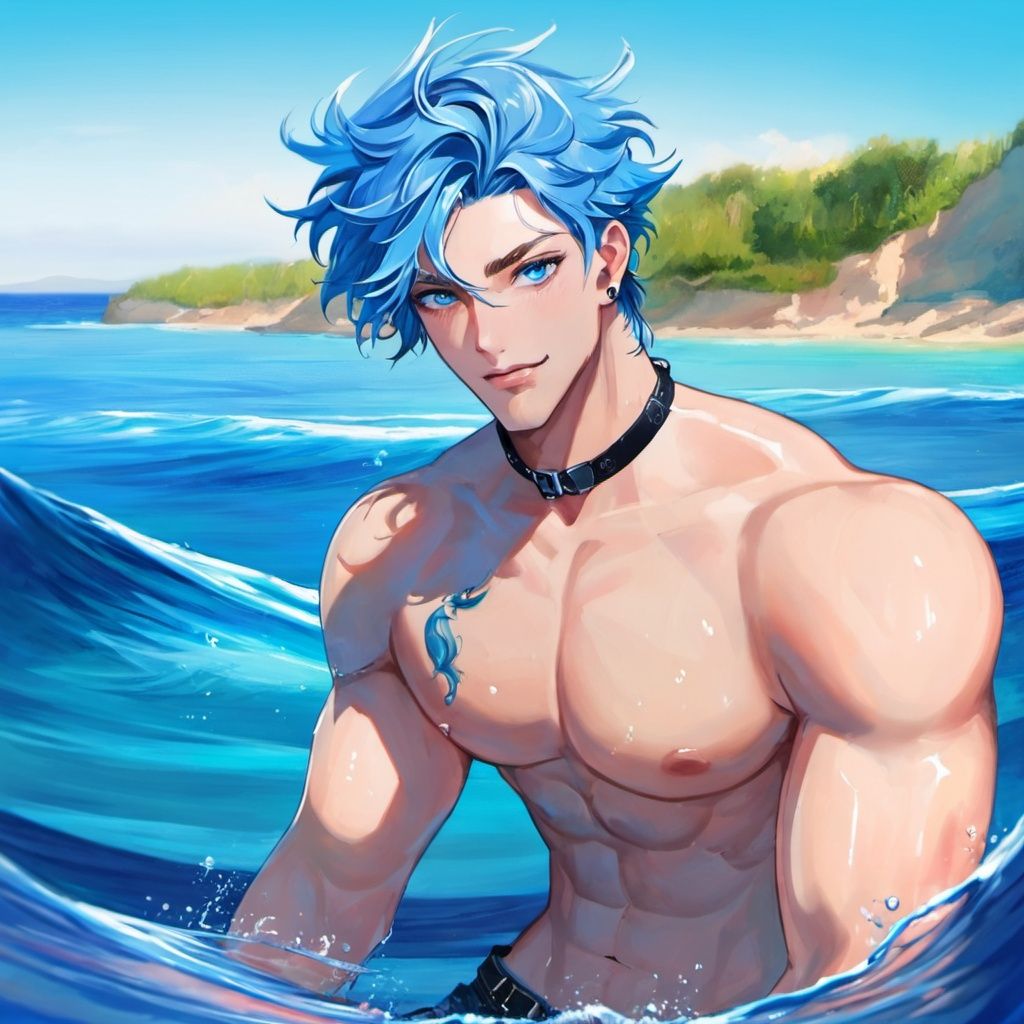 1boy,in water,sea,in sea,blue eyes,blue hair,topless,malce,choker,muscle,bike short,<lora:sdxl_8g_manhualora-000038:0.7>,