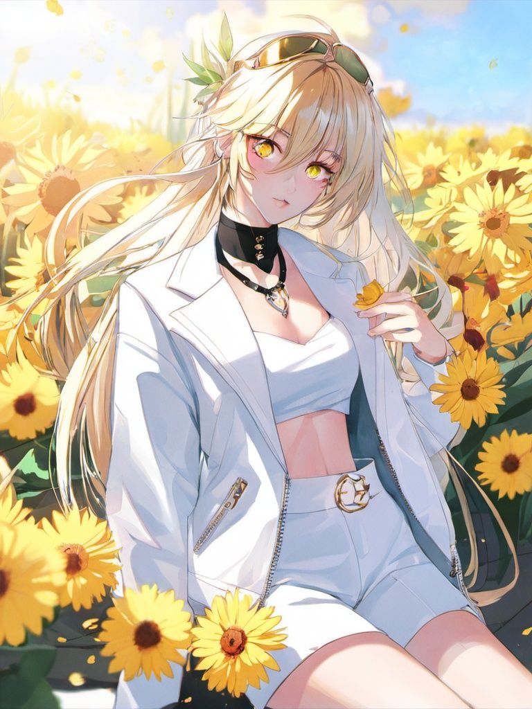 1girl, long hair,yellow eyes,white jacket,choker,flower,(fullbody:1.2)<lora:sdxl_8g_manhualora-000038:0.7>