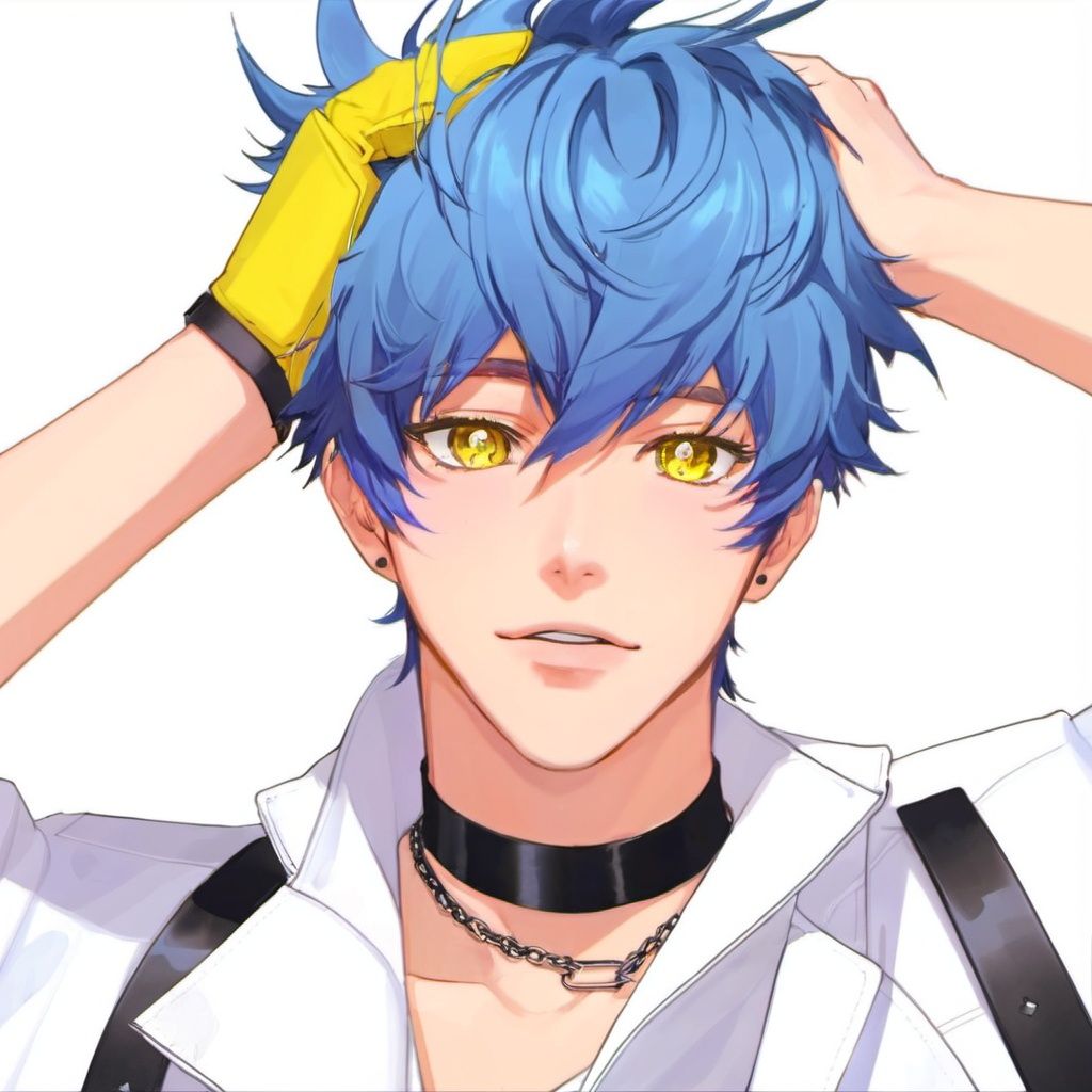 1boy,blue hair,yellow eyes,white jacket,arm behind head,choker<lora:sdxl_8g_manhualora-000038:0.7>