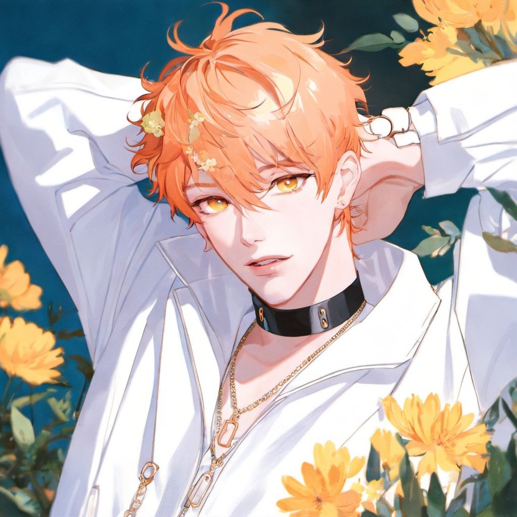 1boy,orange hair,yellow eyes,white jacket,arm behind head,choker,flower<lora:sdxl_8g_manhualora-000038:0.7>
