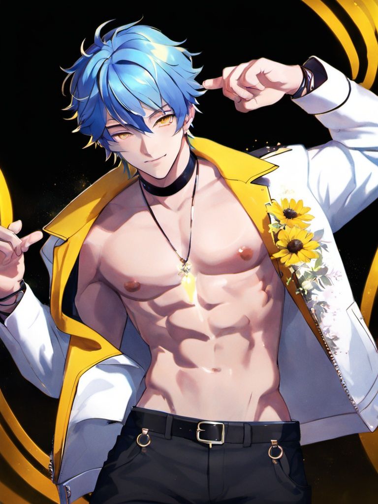 1boy, blue hair,yellow eyes,white jacket,choker,flower,abs, muscle<lora:sdxl_8g_manhualora-000038:0.7>