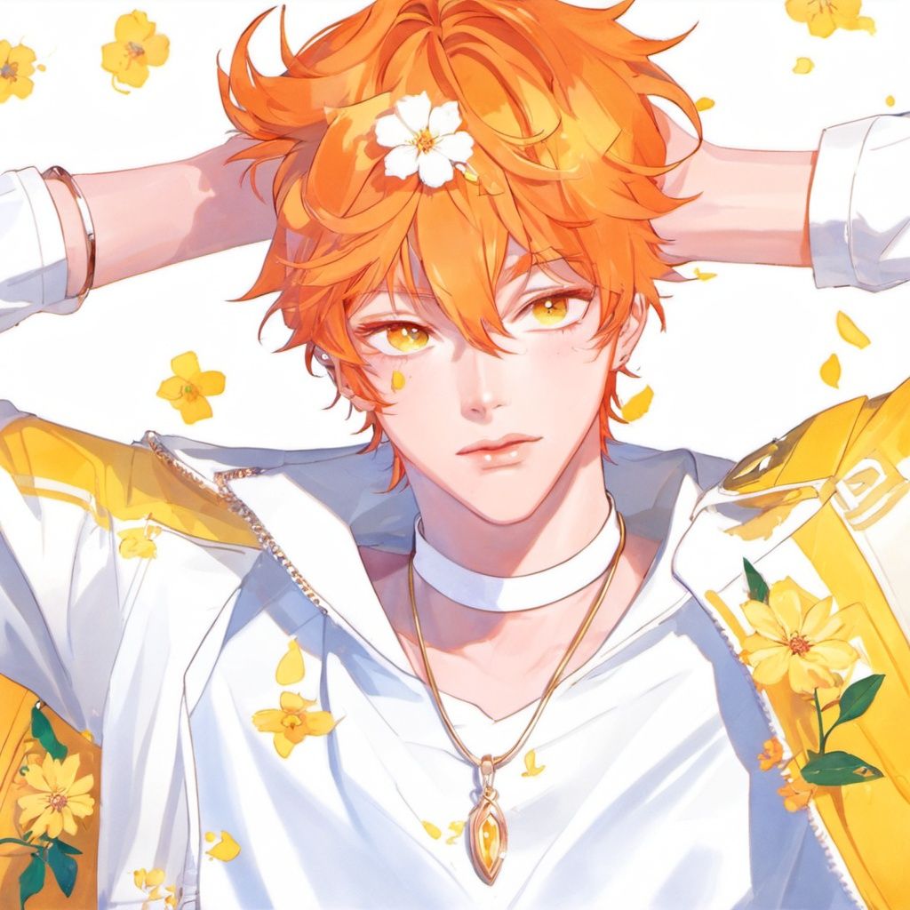 1boy,orange hair,yellow eyes,white jacket,arm behind head,choker,flower<lora:sdxl_8g_manhualora-000038:0.7>