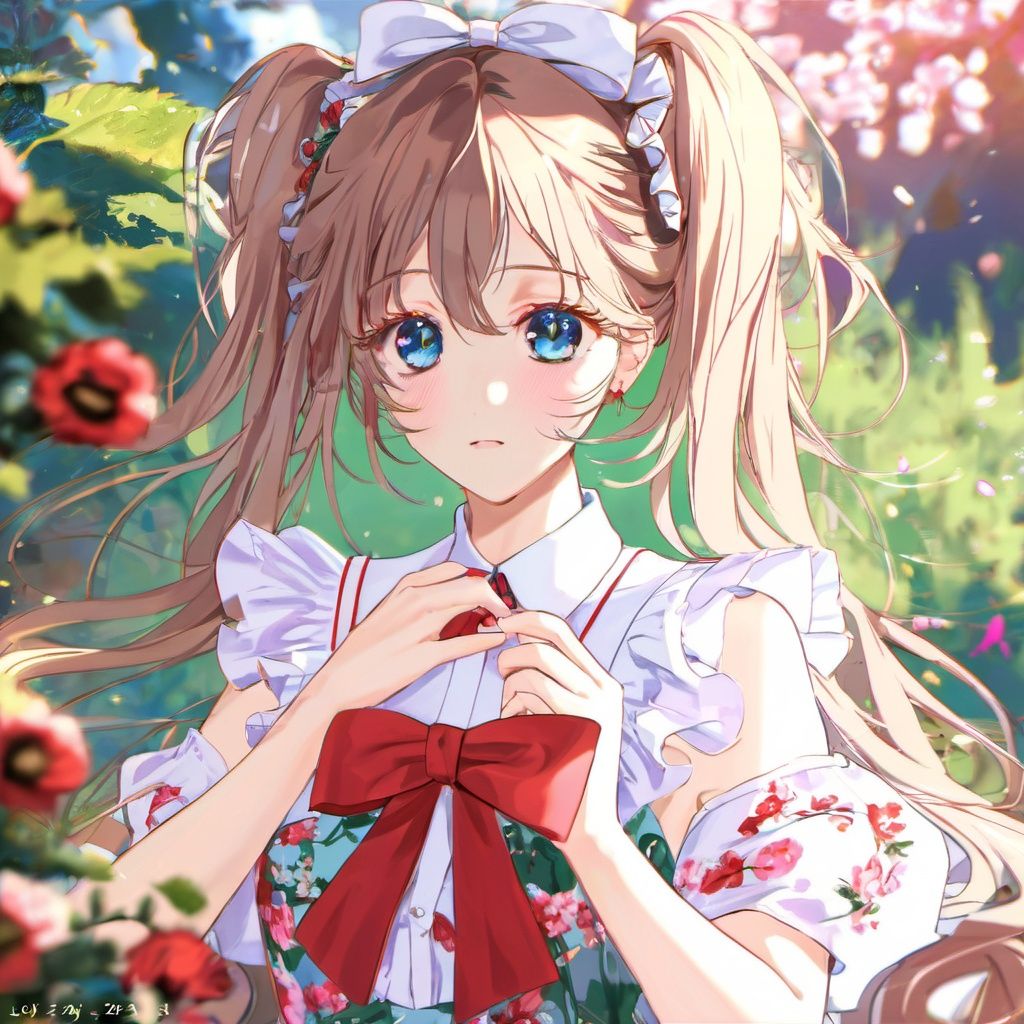 masterpiece, best quality, (loli), upper body,frilled dress, long hair, twintails, bowtie, beautiful eyes, shamed, dynamic angle,, flower patterned dress<lora:sdxl_8g_manhualora-000038:0.7>,