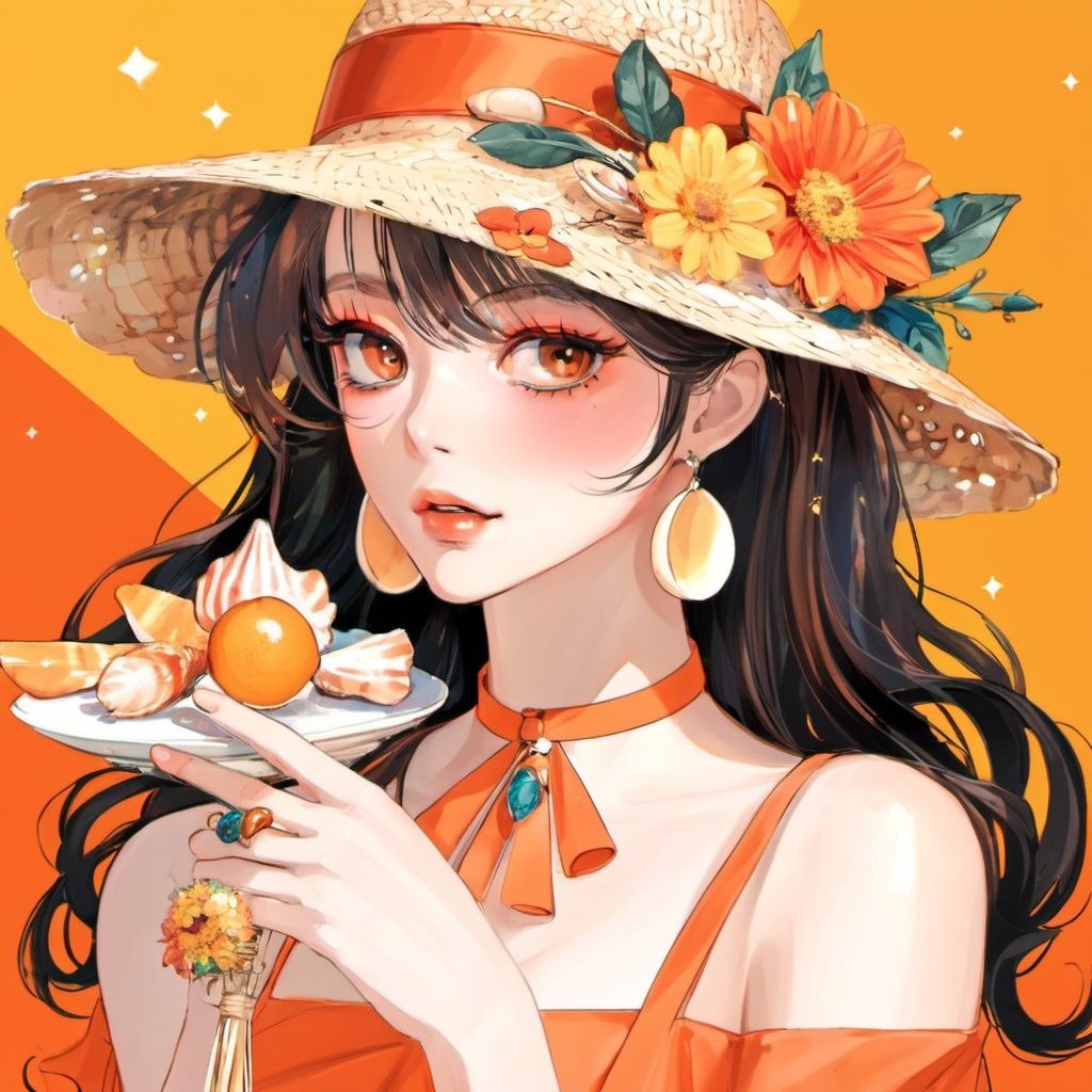 1girl, solo, starfish, seashell, shell, flower, hat, hair ornament, jewelry, straw hat, looking at viewer, sunglasses, hat flower, drinking straw, hairclip, earrings, red flower, tinted eyewear, yellow flower, bangs, english text, multicolored hair, orange flower, black hair, ring, cup, long hair, orange-tinted eyewear, food, brown hair, portrait, shell hair ornament ,<lora:sdxl_8g_manhualora-000038:0.7>,