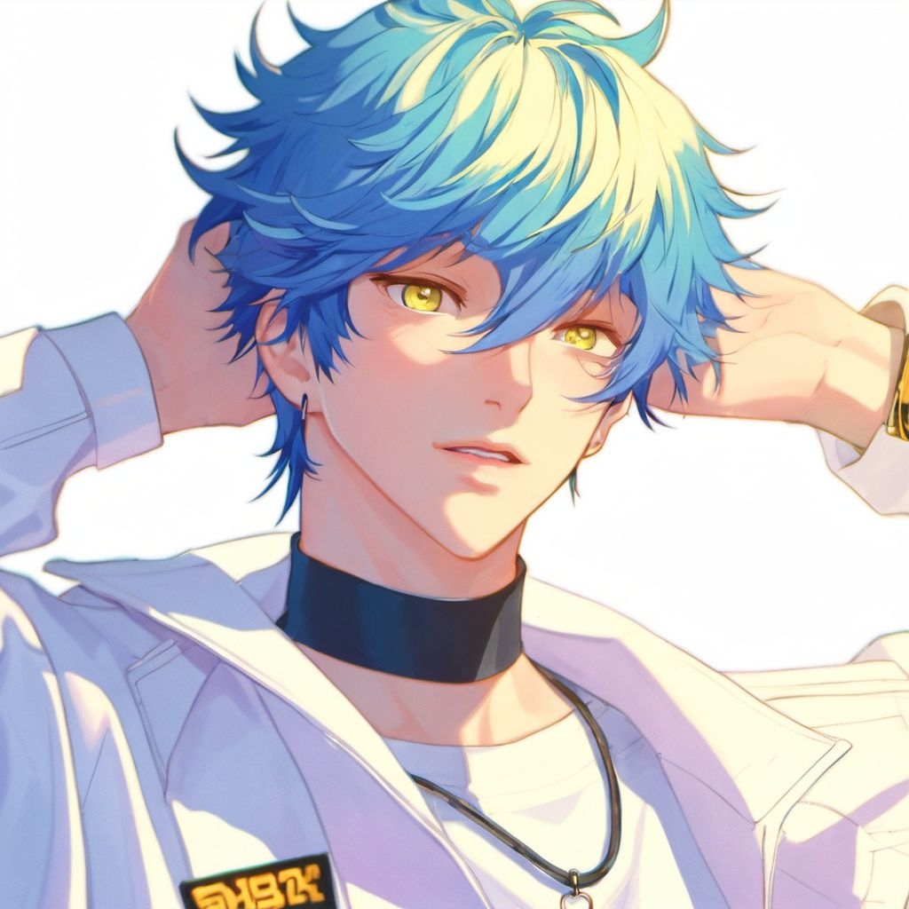 1boy,blue hair,yellow eyes,white jacket,arm behind head,choker<lora:sdxl_8g_manhualora-000038:0.7>