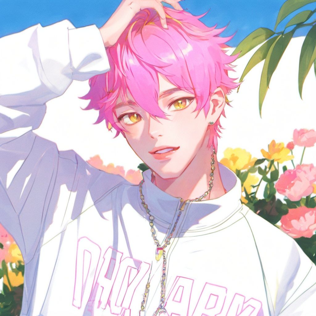 1boy,pink hair,yellow eyes,white jacket,arm behind head,choker,flower<lora:sdxl_8g_manhualora-000038:0.7>