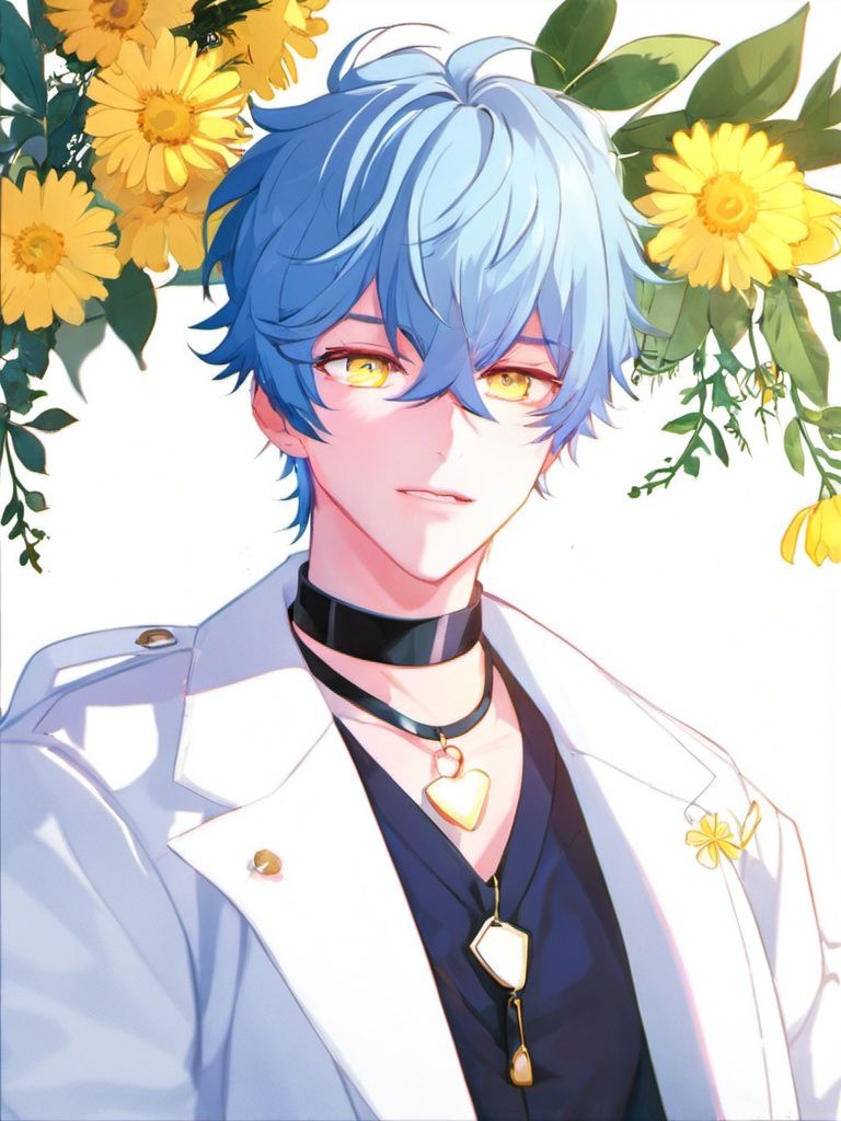 1boy, blue hair,yellow eyes,white jacket,choker,flower,(fullbody:1.2)<lora:sdxl_8g_manhualora-000038:0.7>