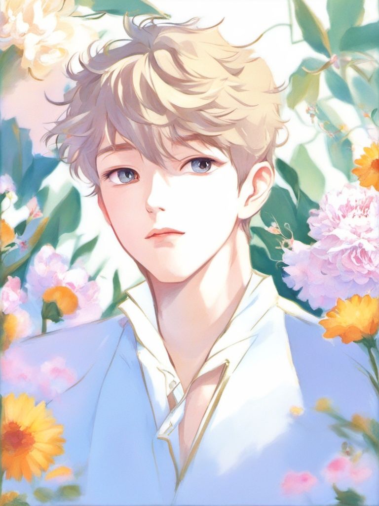 1boy,short hair,Detailed facial depiction,correct eyes,Open Eyes,flower,quiff<lora:sdxl_8g_manhualora-000038:1.1>,
