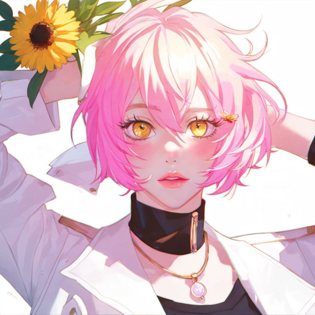 1girl,pink hair,yellow eyes,white jacket,arm behind head,choker,flower<lora:sdxl_8g_manhualora-000038:0.7>