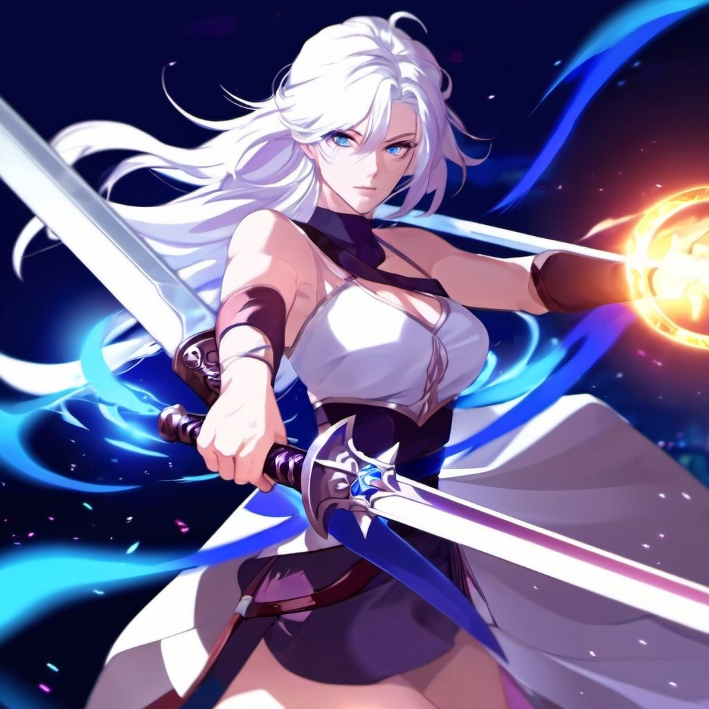 colorful, 1girl, white hair, purple eyes, dual wielding, sword, holding sword, blue flames, glow, glowing weapon, light particles, wallpaper, chromatic aberration,<lora:sdxl_8g_manhualora-000038:0.7>,