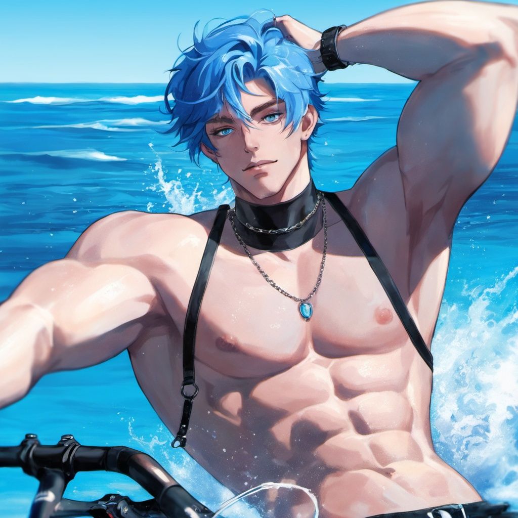 1boy,in water,sea,in sea,blue eyes,blue hair,topless,malce,choker,muscle,bike short,<lora:sdxl_8g_manhualora-000038:0.7>,
