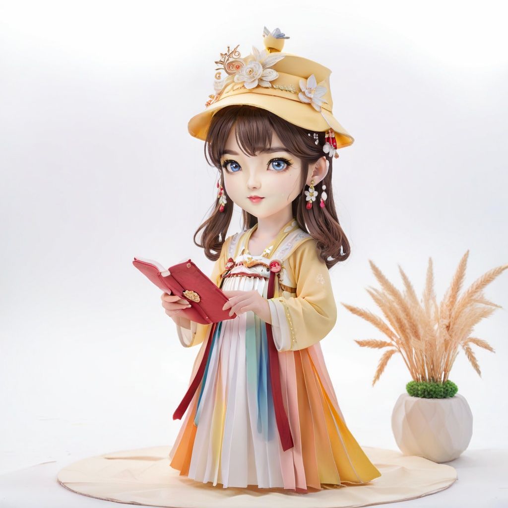 yanzhi,paper quilling Artwork,1girl,chibi,beauty eyes,High quality,Best quality,8K,brown hair,A light red hat,decorated with various pins, and leather bands on the side,American street style,White background,yanzhi,1girl, hanfu, white upper shan, multicolour chest pleated skirt, yellow waistband, Studio lighting, <lora:hanfuTang_v41_R_SDXL:0.5> <lora:sdxl_yanzhiV4:0.5> <lora:neg4all_bdsqlsz_xl_V7:1>