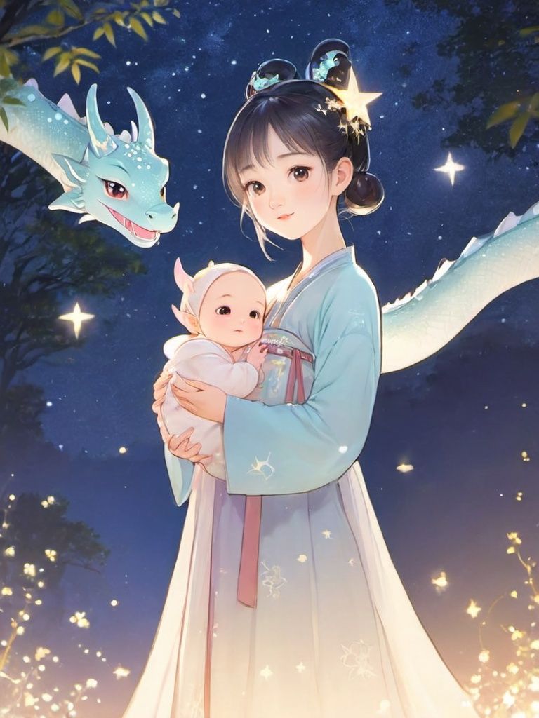 star,starlight, forest, 1girl holding dragon baby, looking at viewer, dragon baby ears, she wearing hanfu, surrounded by shining stars, animation illustration,<lora:hanfuTang_v41_R_SDXL:0.55>,