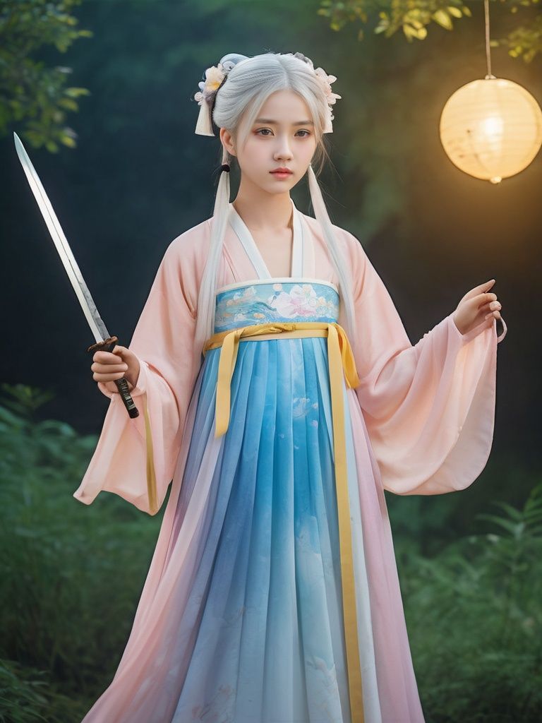 (masterpiece,best quality:1.5), , asian girl with white hair,12 years old, straight hair,  holding a sword, in the style of dark azure and light azure, mixes realistic and fantastical elements, vibrant manga, uhd image, glassy translucence, vibrant illustrations, ultra realistic, long hair, straight hair, portrait, mysterious forest, firefly, bokeh, mysterious, night, sky, cloud, eyes detail, beautiful eyes, light in eyes,hanfu, tang style outfits, pink upper shan, multicolour chest pleated skirt, yellow waistband, <lora:hanfuTang_v41_R_SDXL:0.6>