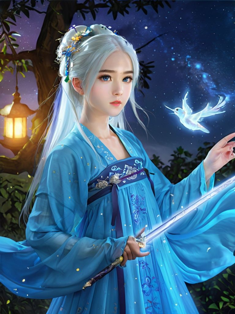 (masterpiece,best quality:1.5), , asian girl with white hair,12 years old, straight hair, blue clothes, holding a sword, in the style of dark azure and light azure, mixes realistic and fantastical elements, vibrant manga, uhd image, glassy translucence, vibrant illustrations, ultra realistic, long hair, straight hair, portrait, mysterious forest, firefly, bokeh, mysterious, night, sky, cloud, eyes detail, beautiful eyes, light in eyes,hanfu,  <lora:hanfuTang_v41_R_SDXL:0.55>