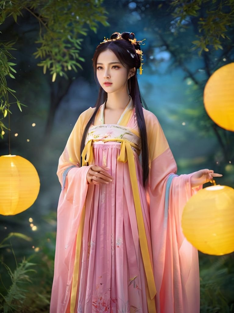 (masterpiece,best quality:1.5), uhd image, glassy translucence, vibrant illustrations, ultra realistic, long hair, straight hair, portrait, mysterious forest, firefly, bokeh, mysterious, night, sky, cloud, eyes detail, beautiful eyes, light in eyes,hanfu, tang style outfits, pink upper shan, multicolour chest pleated skirt, yellow waistband, <lora:tangStyle_sdxl_autodl_v36-000030:0.5>