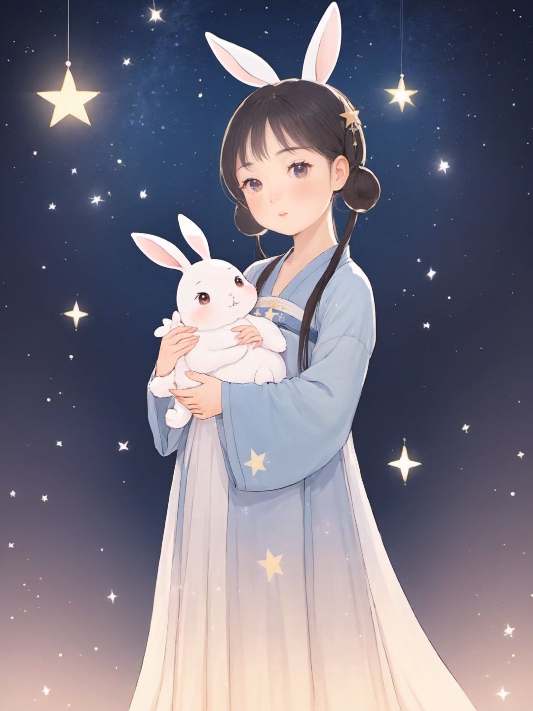 star,starlight, forest, 1girl holding rabbit baby, looking at viewer, rabbit baby ears, she wearing hanfu, surrounded by shining stars, animation illustration,<lora:hanfuTang_v41_R_SDXL:0.55>,