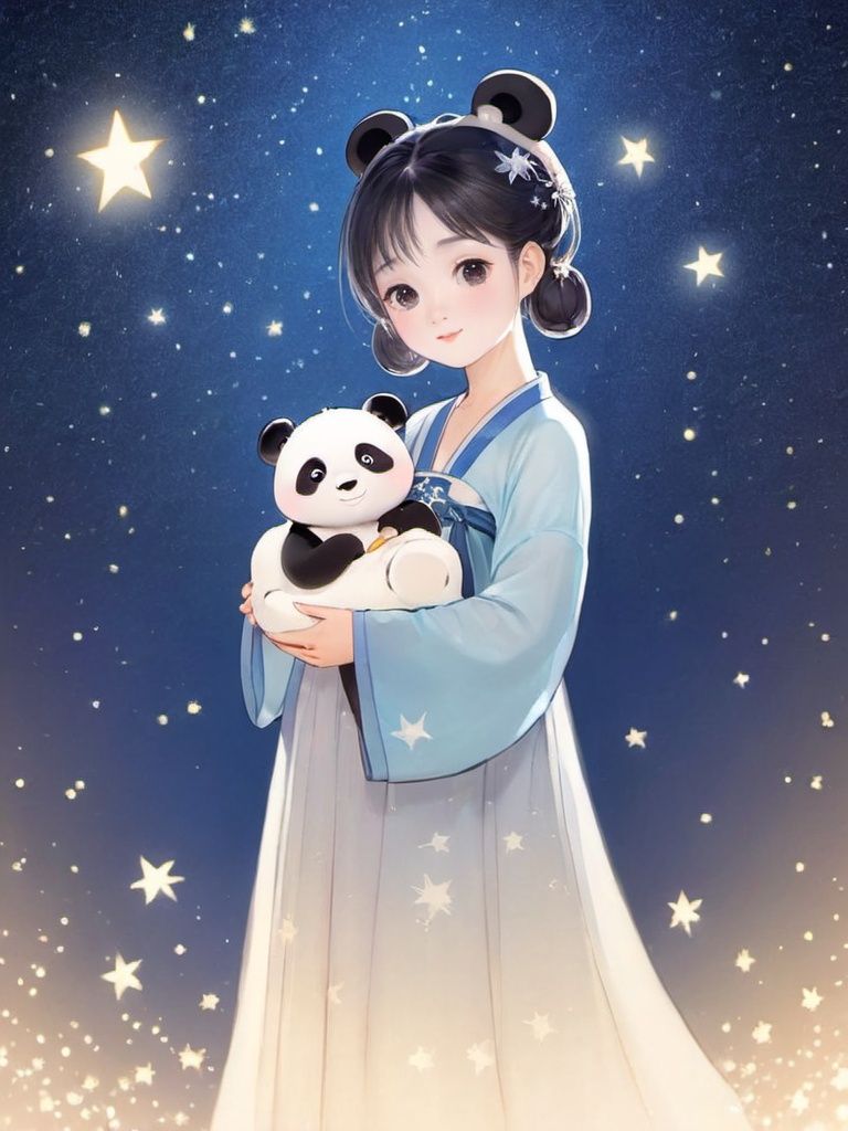 star,starlight, forest, 1girl holding panda baby, looking at viewer, panda baby ears, she wearing hanfu, surrounded by shining stars, animation illustration,<lora:hanfuTang_v41_R_SDXL:0.55>,