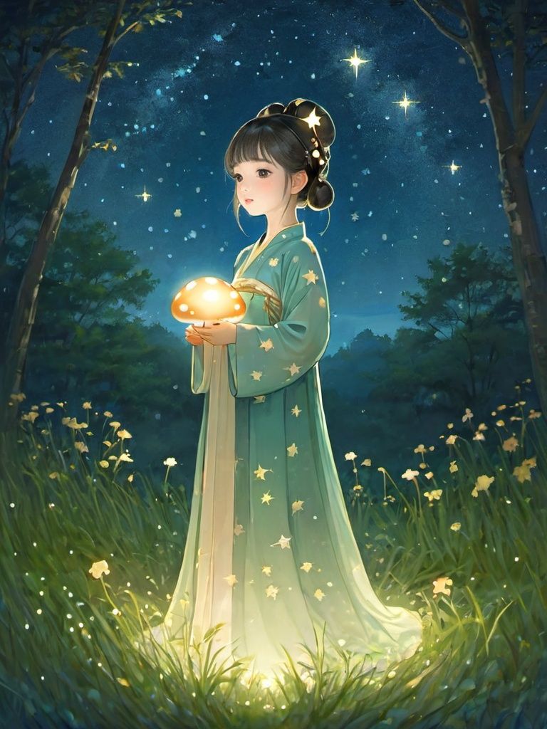 star,starlight,forest,1girl,grass,mushroom,squirmle,nights,surrounded by shining stars,best quality,masterpiece,illustratio,1girl, hanfu,<lora:hanfuTang_v41_R_SDXL:0.55>,