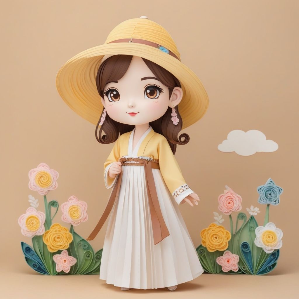 yanzhi,paper quilling Artwork,1girl,chibi,beauty eyes,High quality,Best quality,8K,brown hair,A light red hat,decorated with various pins, and leather bands on the side,American street style,White background,yanzhi,1girl, hanfu, white upper shan, multicolour chest pleated skirt, yellow waistband, Studio lighting, <lora:hanfuTang_v41_R_SDXL:0.55> <lora:sdxl_yanzhiV4:0.5> <lora:neg4all_bdsqlsz_xl_V7:1>