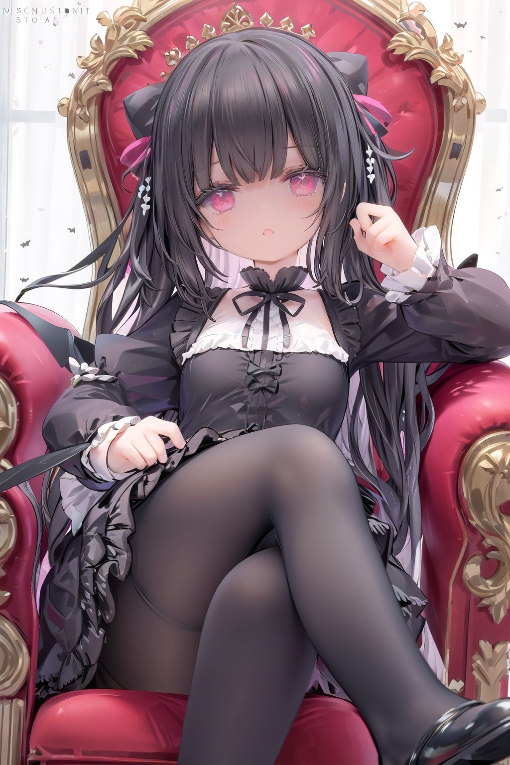 masterpiece, ((best quality)), (ultra-detailed), (illustration), an extremely delicate and beautiful girl, dynamic angle, chromatic aberration, ((colorful)),//,1girls,loli,(petite child:1.1),//,(in Gothic castle),girl with black hair,red eyes,Vertical pupil,long hair,hair arrangement,(Detailed face description),(batwing),(Gothic Lolita),(bat tail),alccandlestick,Cathedral glass,,short skirt,black pantyhose,red lace,high heels,rose tattoo,throne,sitting,crossed legs,//,