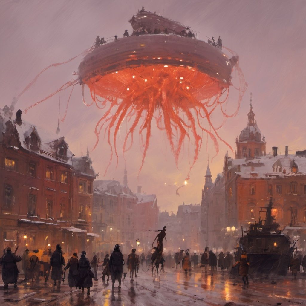 painting by jakub rozalski,  an alien ship with tentacles flying over a city,  eldritch horror by Aotsuyu on Tensor.Art