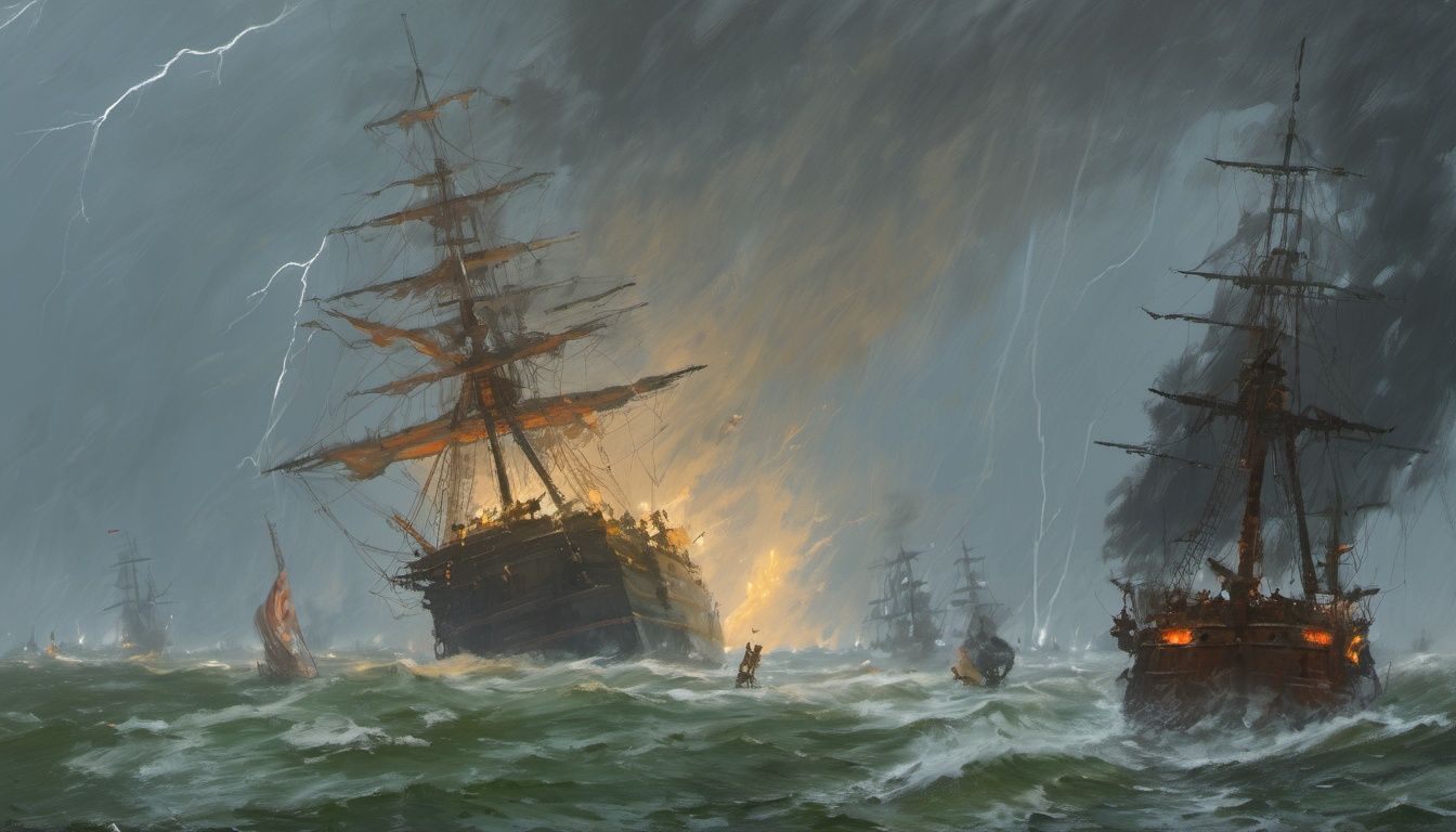 painting by jakub rozalski,  a naval battle,  huge ship by Aotsuyu on Tensor.Art
