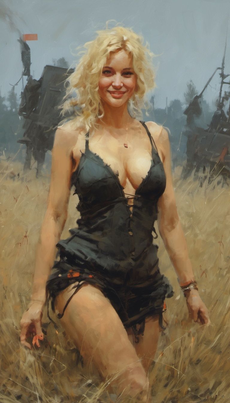 painting by jakub rozalski,  a beautiful woman with blonde hair and large breasts,  cleavage by Aotsuyu on Tensor.Art