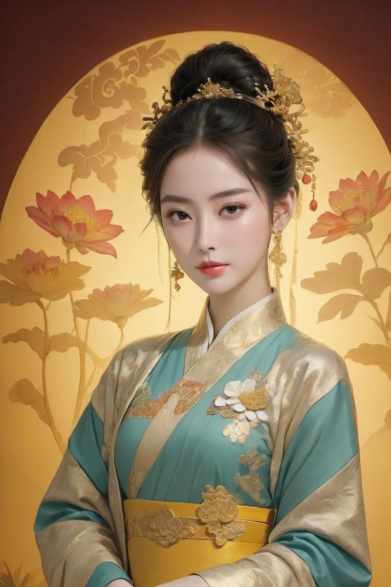masterpiece,best quality,(photorealistic:1.4),(Ding Xianghua:1.3),(ultra detailed:1.3),illumination effect with a dreamy feeling,chrysanthemum,(palace hair accessories of the tang dynasty:1.2),(gilding:1.2),gorgeous headgear,(fine facial details:1.2),scattered petals,(full body:1.1),fine clothing details,chinese style bun,jewelry details,the effect of a diffuse aroma,lilac flower,complex artistic composition,tulip,masterpiece,unity 8k wallpaper,1girl,center frills,cut-in,ancient palace,(the dark golden undercurrent circulating:1.1),,