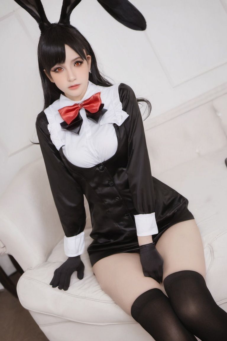 a woman in a rabbit suit and heels is posing for a picture,  bunnygirl tifa,  rabbit ears on Tensor.Art