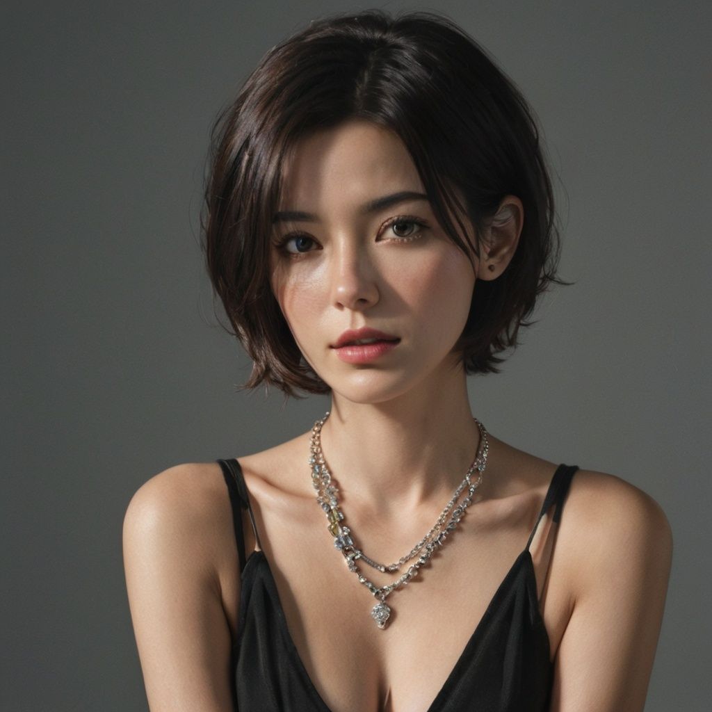 FilmGirl, 1girl, solo, jewelry, necklace, realistic, short hair, looking at viewer, black hair, breasts, upper body, parted lips, black eyes, lips, grey background, cleavage, nose, medium breasts, brown hair, freckles<lora:FilmGirl:0.85>