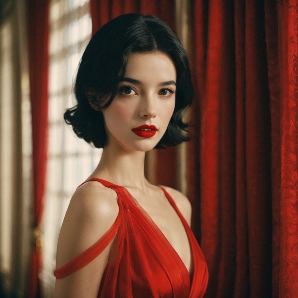 FilmGirl, 1girl, solo, dress, looking at viewer, red lips, red dress, black hair, upper body, black eyes, bare shoulders, realistic, makeup, curtains, lipstick, short hair, lips, parted lips, from side<lora:FilmGirl:0.85>