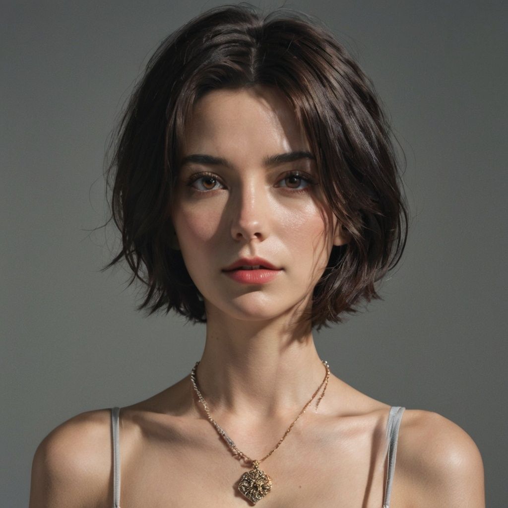 FilmGirl, 1girl, solo, jewelry, necklace, realistic, short hair, looking at viewer, black hair, breasts, upper body, parted lips, black eyes, lips, grey background, cleavage, nose, medium breasts, brown hair, freckles<lora:FilmGirl:0.85>