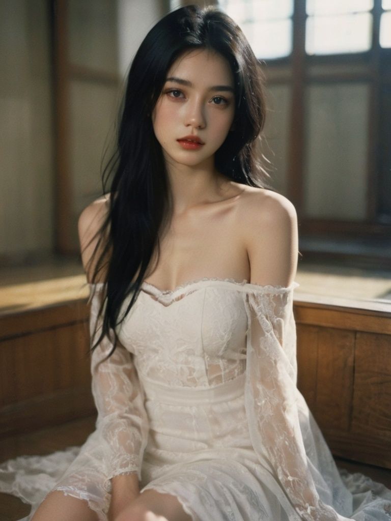 FilmGirl, 1girl, solo, black hair, dress, realistic, white dress, long hair, sitting, bare shoulders, looking at viewer, parted lips, breasts, collarbone, black eyes, lips, see-through, off shoulder, small breasts<lora:FilmGirl:0.85>