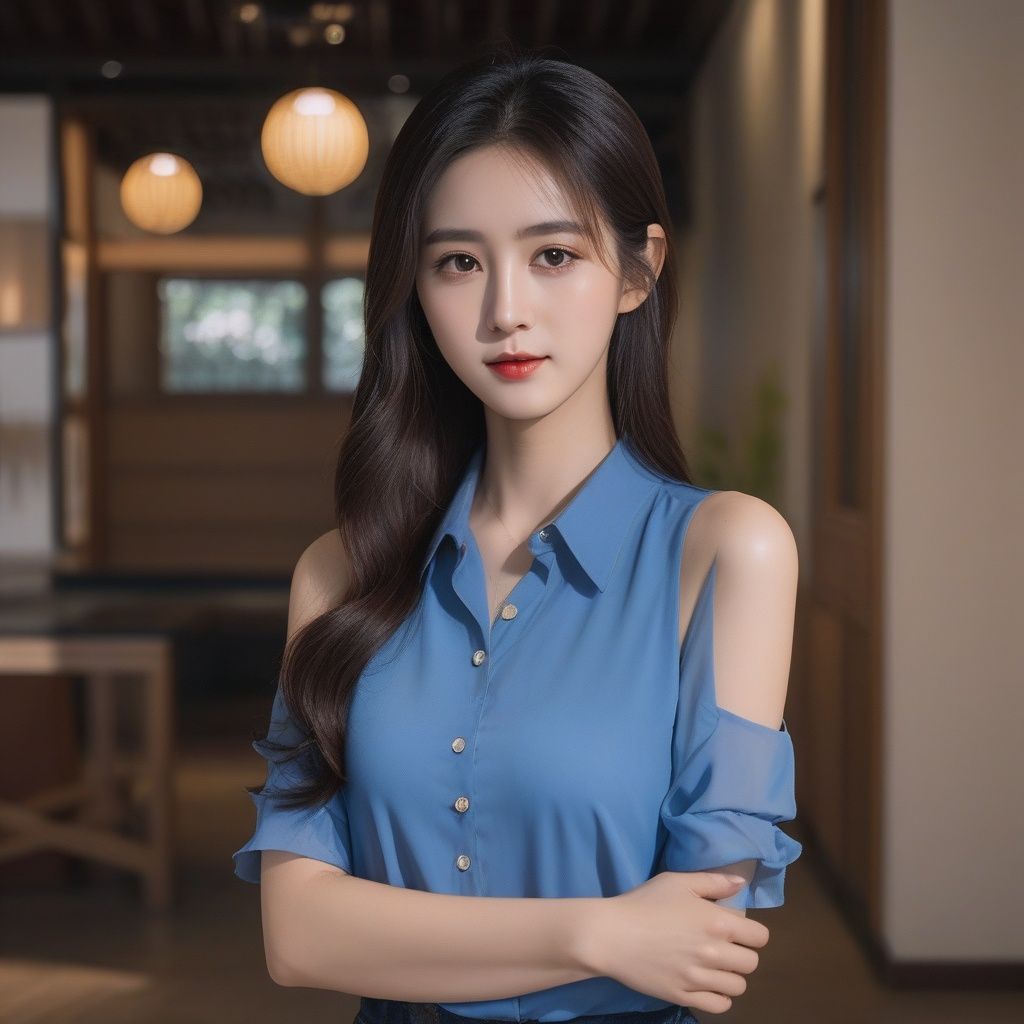 xiaoyi, a woman with long dark hair and a blue shirt is posing for a picture with her hand on her shoulder,<lora:xiaoyi-XL:0.7>