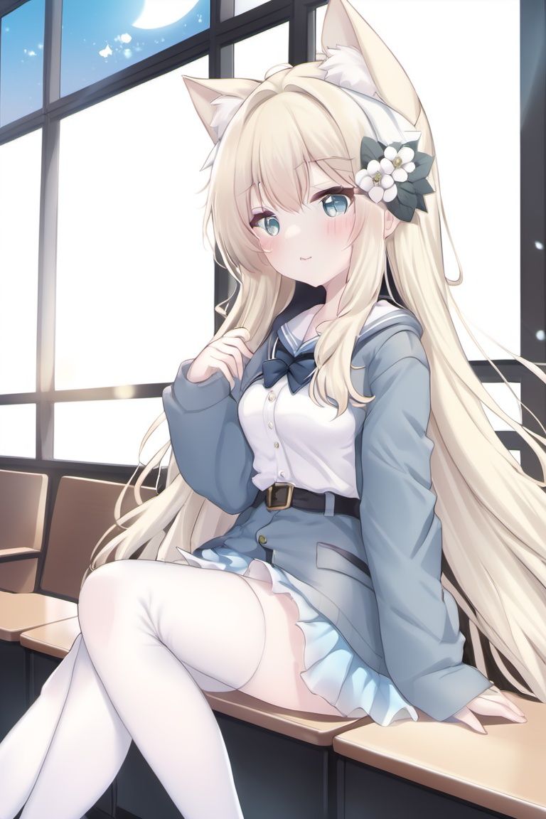 1girl,cat ears,anime style,white long hair,full body,loli,potrait,nai night scape,masterpiece,in classroom,white legwear,((sunny out side)), best quality,solo,momoko,cat ears,in seat,solo,morning,indoor,cinematic lighting, looking at window, long hair, sitting on school chair,school desk, hair ornament, hair flower, cute, white flower,light blue coat,white dress,cinematic lighting,white tail,cute