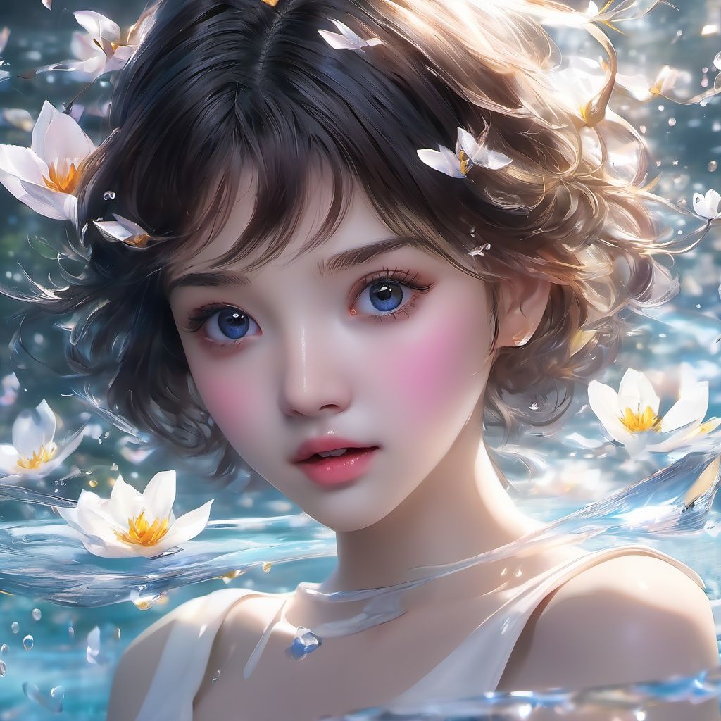 masterpiece, best quality,official art, extremelydetailed cg 8k wallpaper,(flying petals), short hair, girl looking at viewer,extremely delicate andbeautiful, water, ((beautydetailed eye)), highlydetailed, cinematiclighting, ((beautiful face),fine water surface, (originalfigure painting), ultra-detailed, incrediblydetailed, (an extremelydelicate and beautiful),beautiful detailed eyes,(best quality)