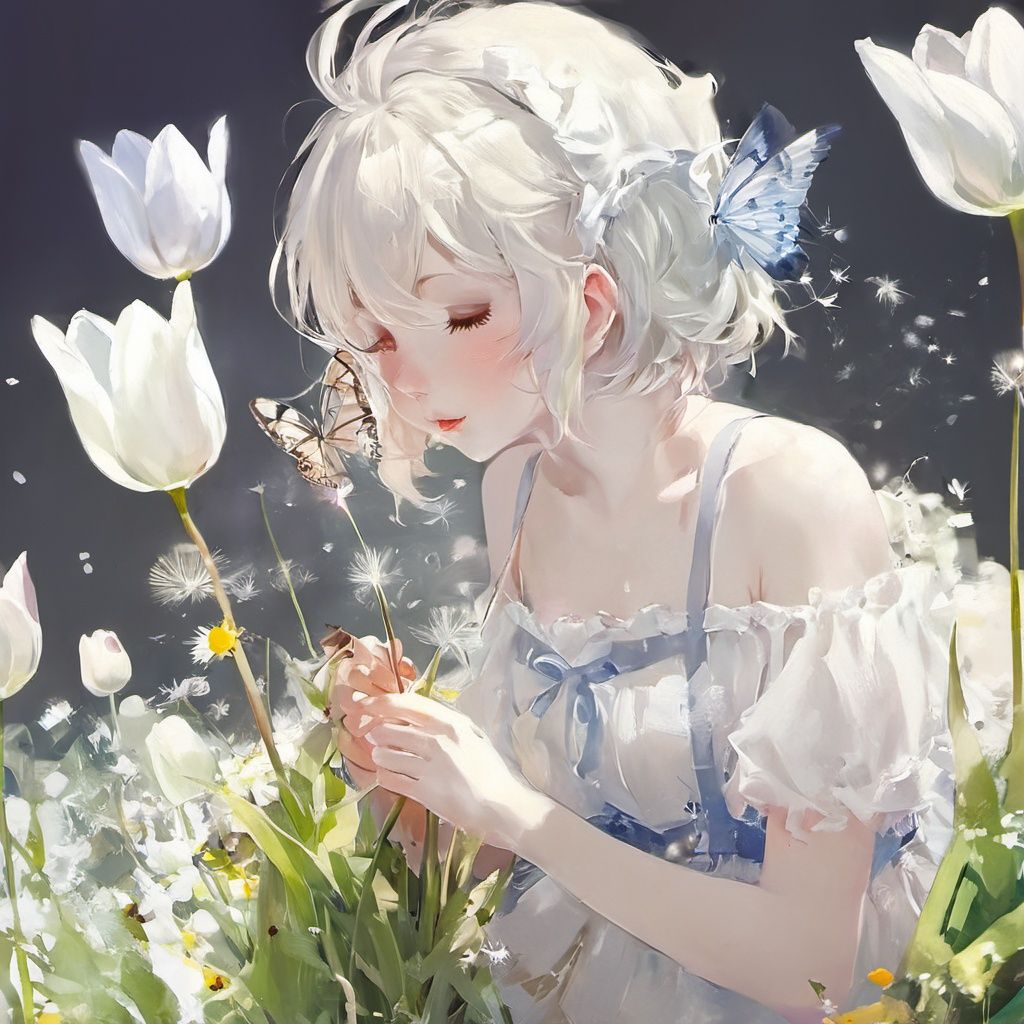  High Resolution, girl, White Background,tulip,Anime,dandelion,bichu