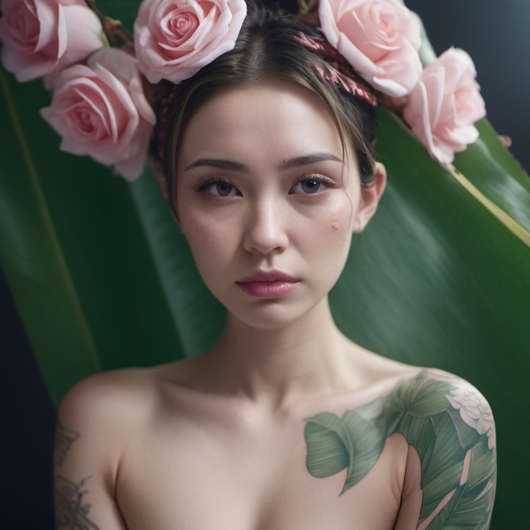 1girl,(Banana leaf:1.3),(white rose tattoo:1.3),silk,(in smoke:1.1),(upper body:1.2),((nipples:0.55)),(1 Chinese patterns in the middle of the girl's forehead),epic cinematic, soft nature lights, rim light, absurd, amazing, funny, itricate, hyper detailed, ultra realistic, soft colors,pink flowers, , ,(sad,disappointed,crying,frown,tears:1.1), 
