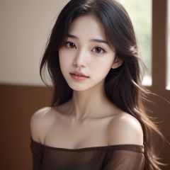 Best quality, masterpiece, ultra high res, (photorealistic:1.4), raw photo,1girl, solo, realistic, lips, black hair, looking at viewer, black eyes, teeth, long hair, hair over one eye, parted lips, nose, close-up, brown hair, simple background, brown eyes, black dress, off shoulder