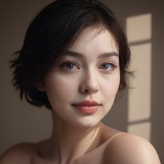 fashion photography portrait of 1girl, offshoulder, fluffy short hair, soft light, rim light, beautiful shadow, low key, (photorealistic, raw photo:1.2), (natural skin texture, realistic eye and face details), hyperrealism, ultra high res, 4K, Best quality, masterpiece, necklace, (cleavage:0.8), in the dark