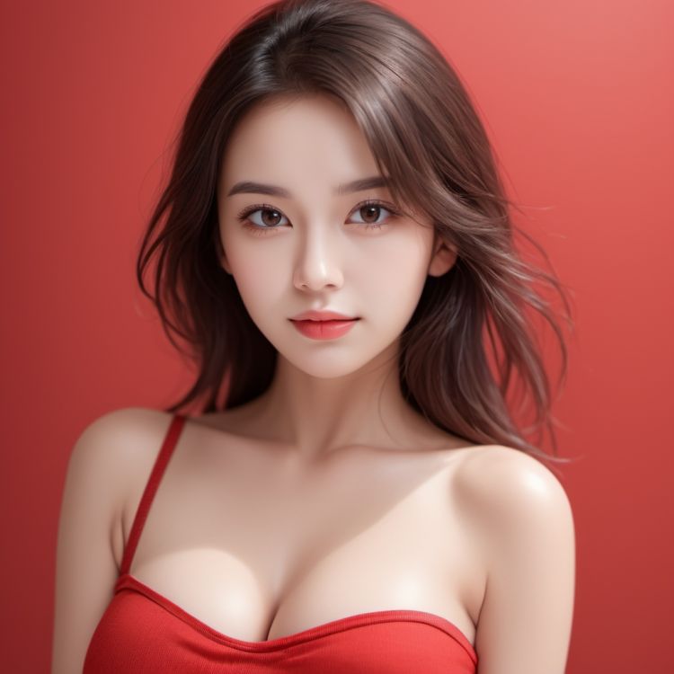 simple_background, red_background, 1girl, beautiful woman, beautiful face, perfect face, portrait, upper body, large breast, low-cut, sext, realistic, 
