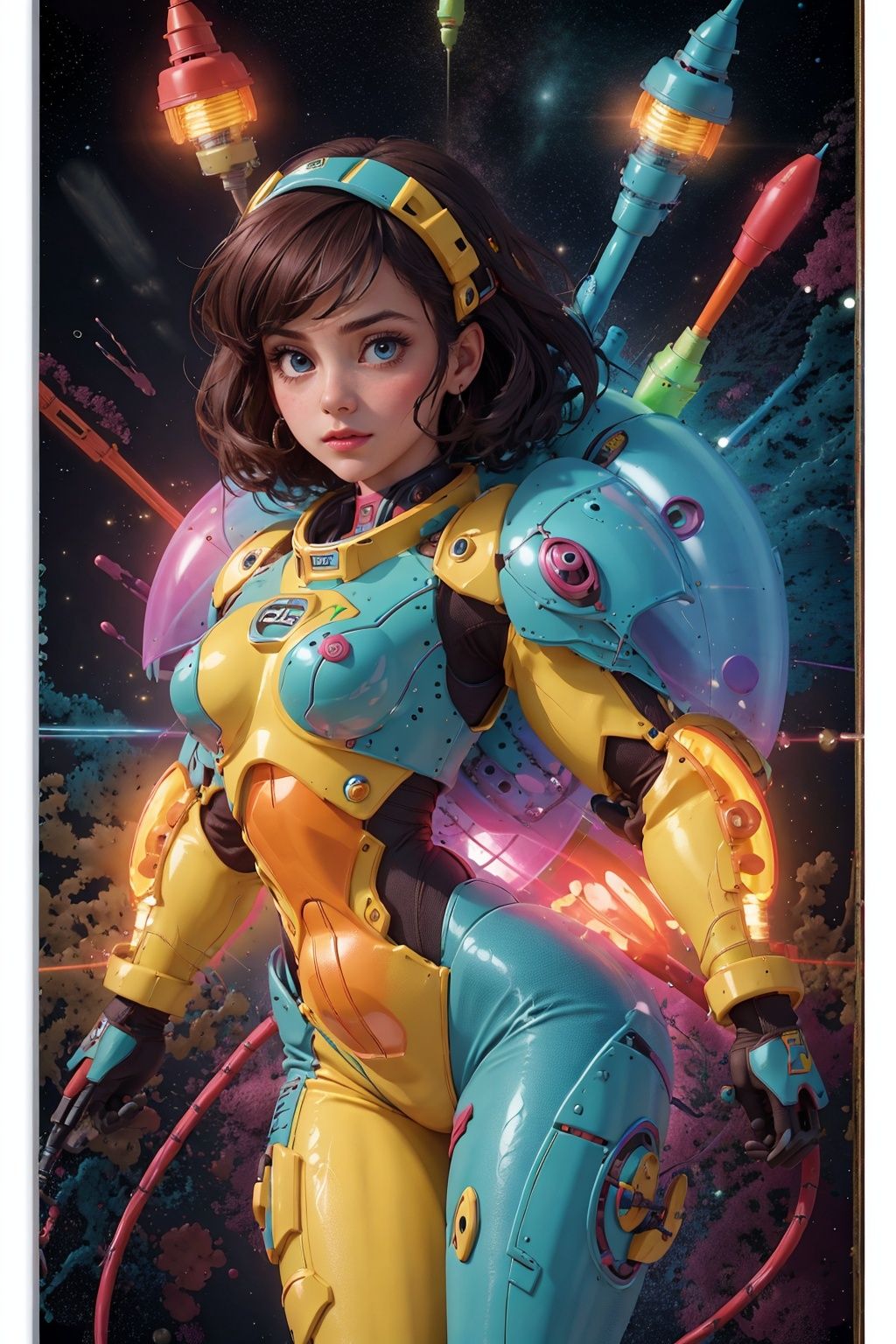 a girl,cuteg,multicolored background,mechuragi,PVC casing,Transparent plastic shell,Luminous Machinery Core,Dynamic pose,Space Background,masterpiece,Highest quality,32k,8k,Pixar