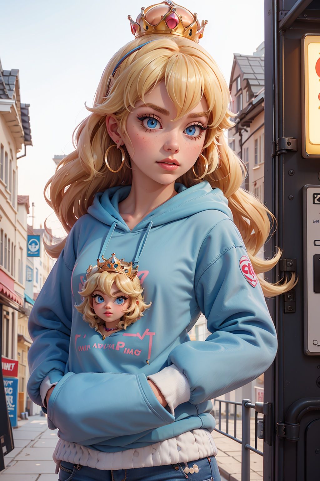 pixar, 1girl, blonde hair, princess peach, blue eyes, jewelry, earrings, crown, hoodie, looking at viewer, solo, hood, long hair, lips, eyelashes, casual, simple backgroundPixar,Pixar