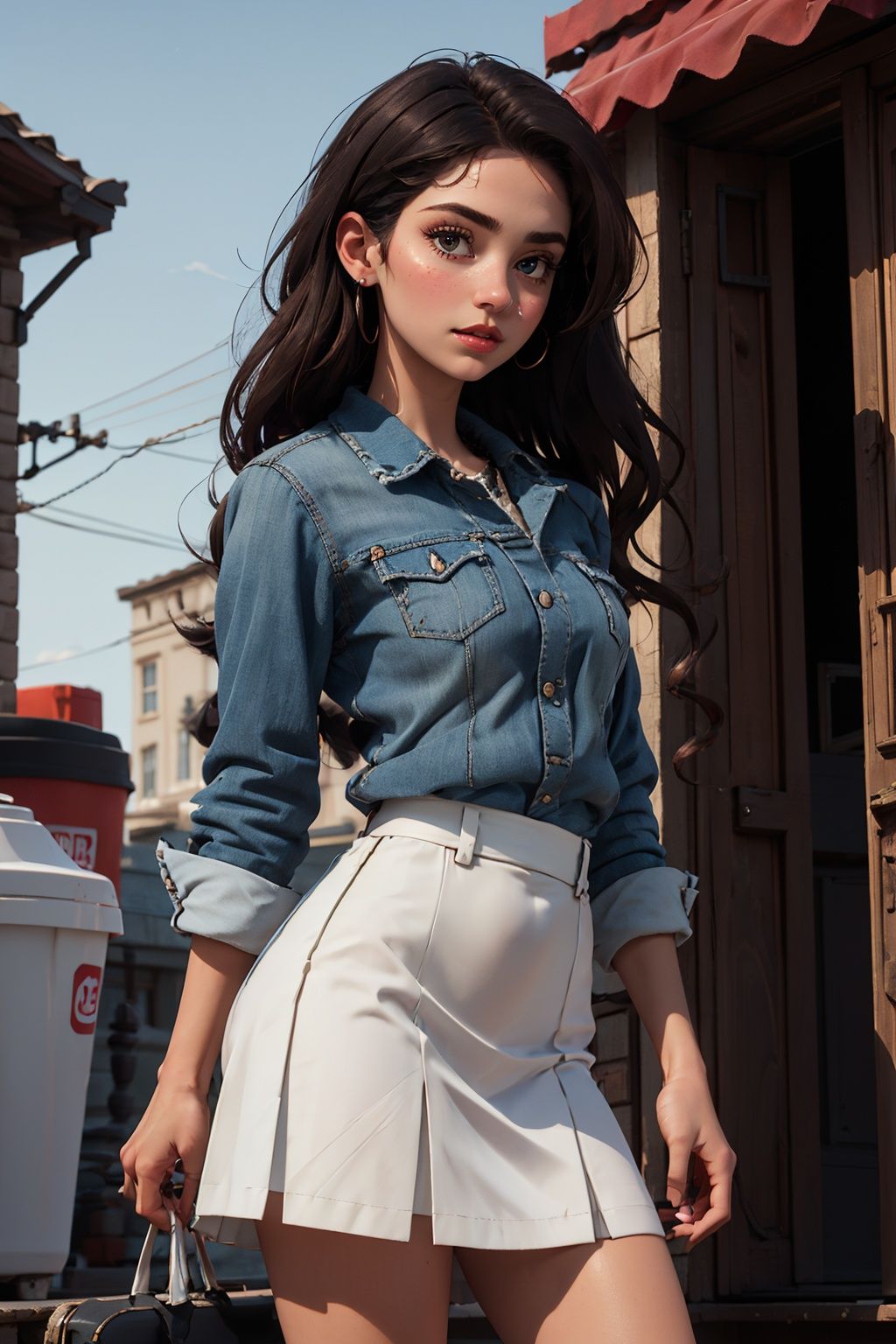 1girl,solo,looking at viewer,long hair,white skirt,parted lips,realistic,Pixar