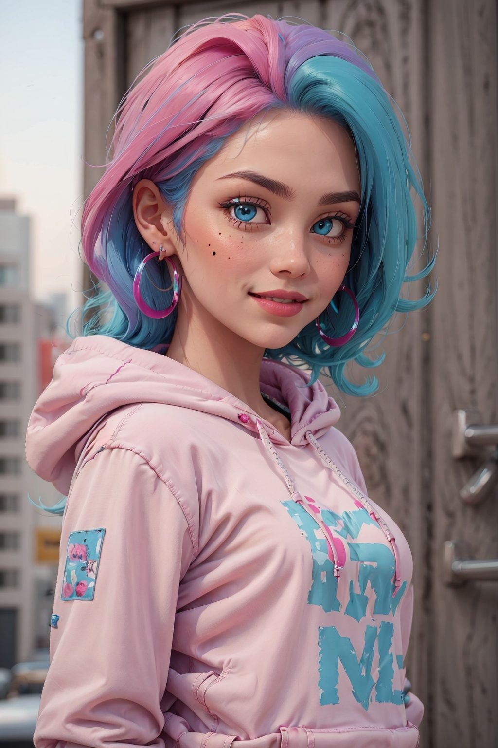 smile,parted_lips,multicolored_hair,piercing,solo,hood_down,blue_hair,blue_eyes,jewelry,long_hair,pink_hair,realistic,hoodie,looking_at_viewer,1girl,earrings,mole,hood