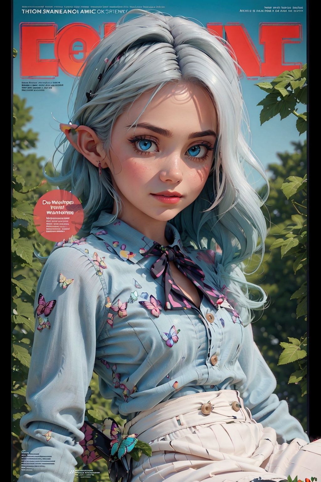 ((masterpiece)), expressionless, (((best quality))), ((illustration)),
1girl, elf, ((solo)), (detailed face), (beautiful detailed eyes), light eyes, blue eyes, ((disheveled hair)), silver hair, full body,
smile, blank stare, sitting, ((looking to the side)),
bow tie hair band, white transparent long skirt, noble, mysterious,
bright background, in forest, nature, sunshines through the leaves, butterfly, river, close-up,
(magazine:1.3), (cover-style:1.3), fashionable, woman, vibrant, outfit, posing, front, colorful, dynamic, background, elements, confident, expression, holding, statement, accessory, majestic, coiled, around, touch, scene, text, cover, bold, attention-grabbing, title, stylish, font, catchy, headline, larger, striking, modern, trendy, focus, fashion,Pixar