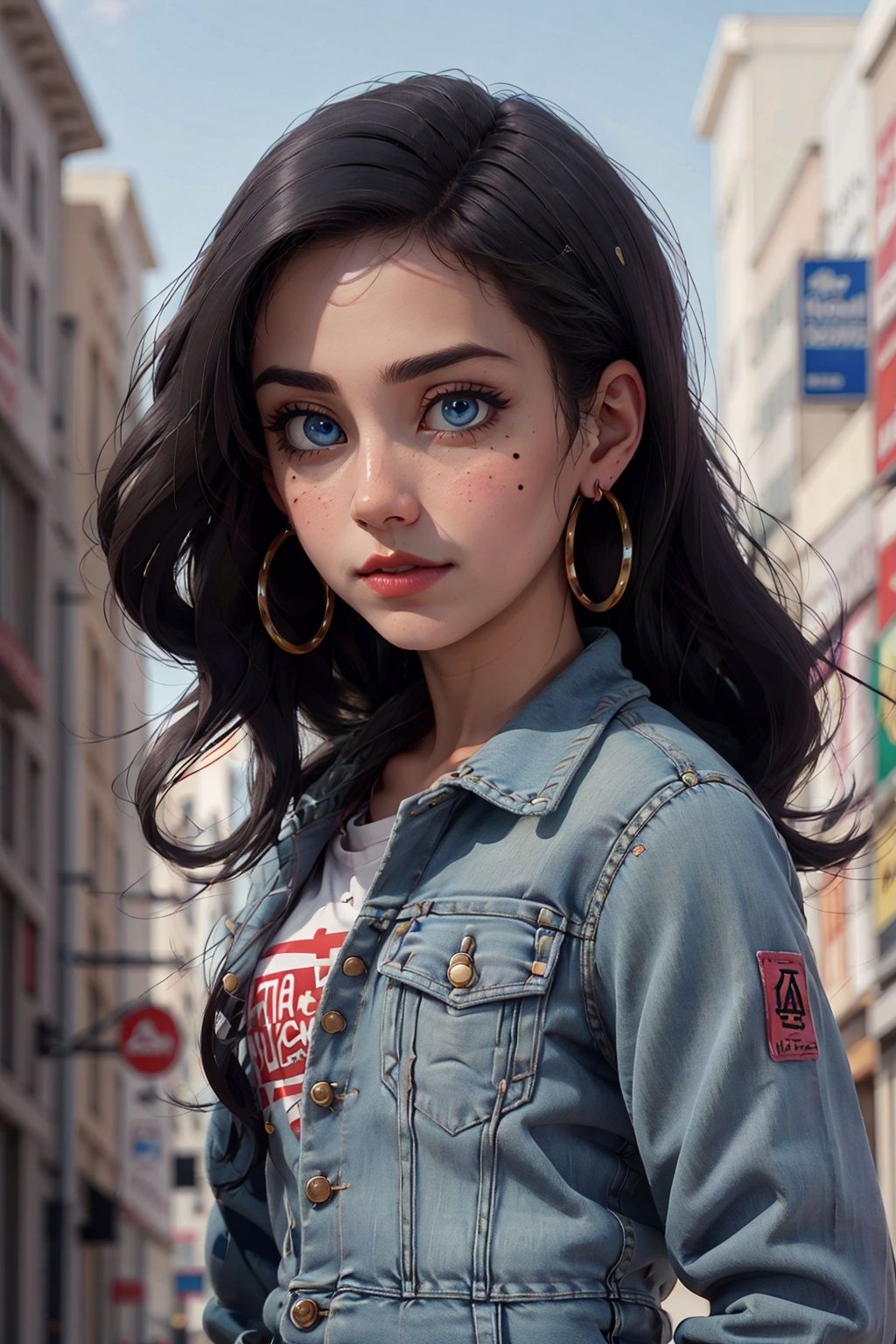 web_address,solo,hoop_earrings,jewelry,motion_blur,logo,blur_censor,bookshelf,chromatic_aberration,blue_eyes,cellphone_picture,long_hair,blurry_foreground,photo_\(medium\),menu,earrings,blurry_background,sign,depth_of_field,1girl,denim,mole,blue_hair,facebook_username,book,poster_\(object\),denim_jacket,lips,watermark,blurry